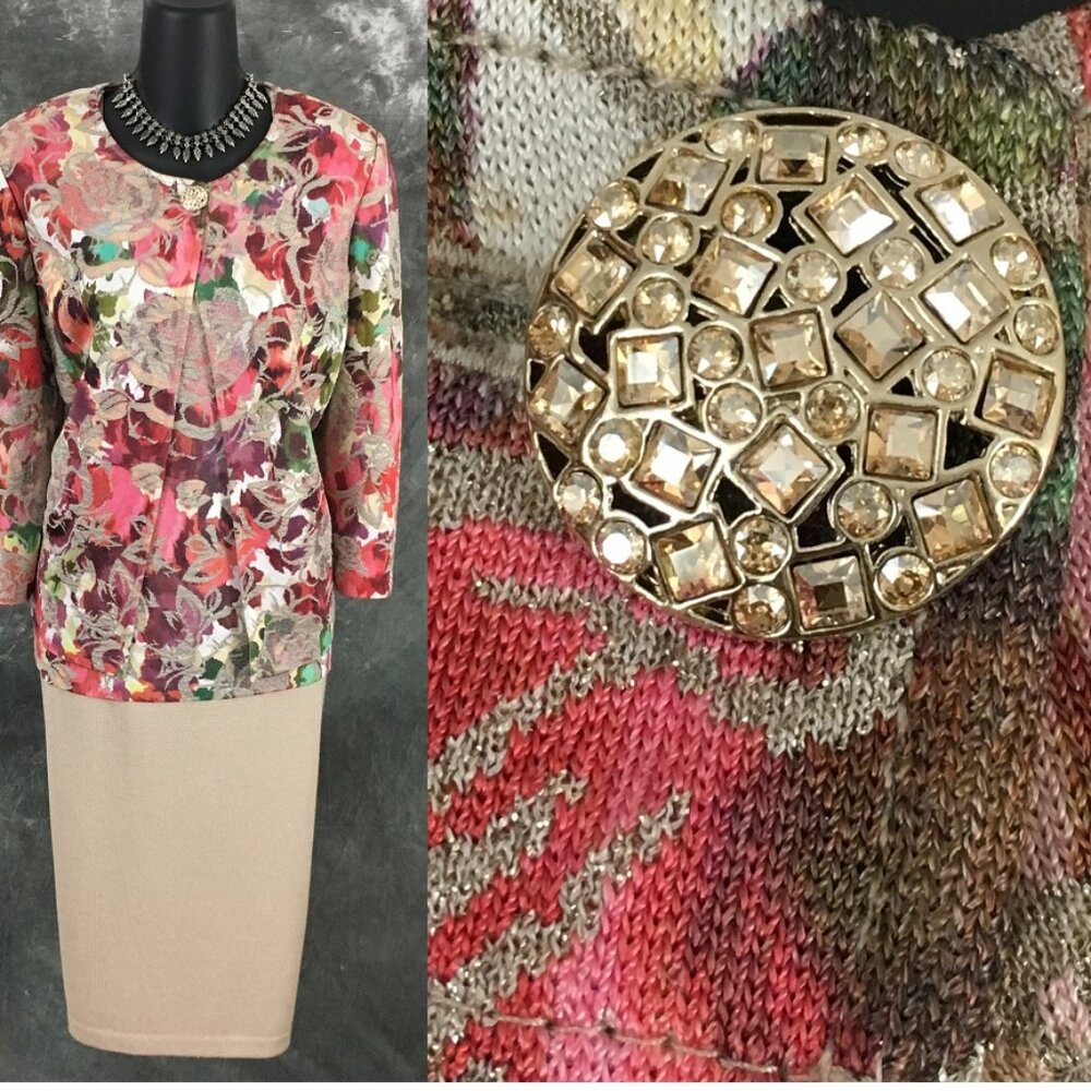 NEW St John knit 3pc beige green pink shimmer multi jacket skirt suit S 8